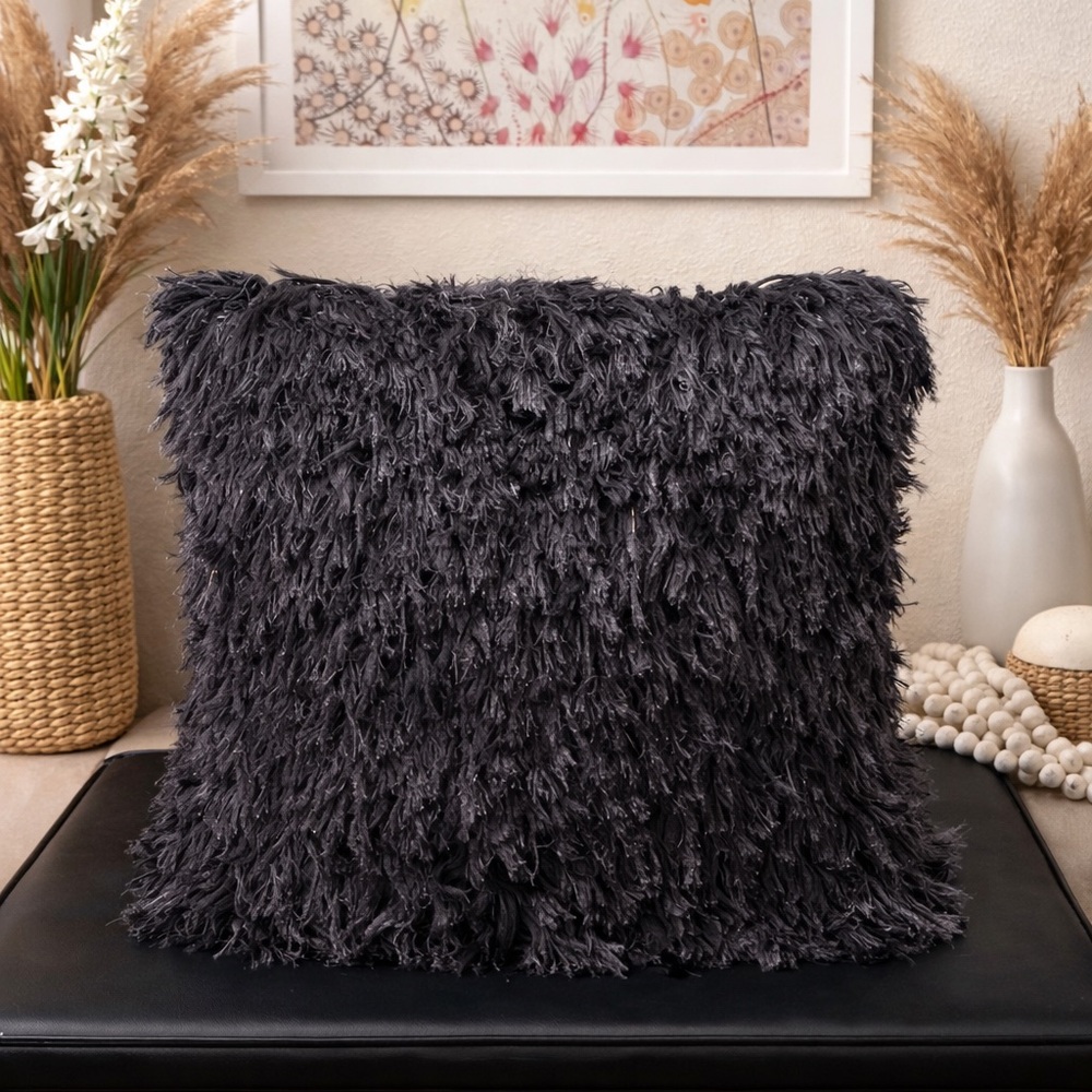 Luxury Charcoal Faux Fur Accent Pillow | Dramatic Textured Statement Cushion